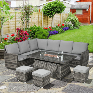 Seven-Piece Firepit Table Set with Grey Rattan Sofa - Prime Bargains