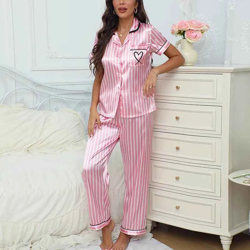 Women's Striped Sleepwear Set - Victorian Style Short Sleeved Top & Long Pants Two Piece Home Wear Set