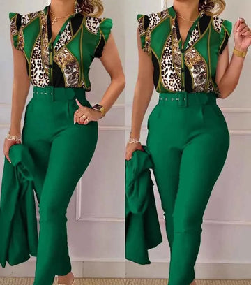 Summer Women's Floral Print Pants Set with Lotus Leaf Sleeve and High Waist Belted V-Neck Two Piece Work Suit